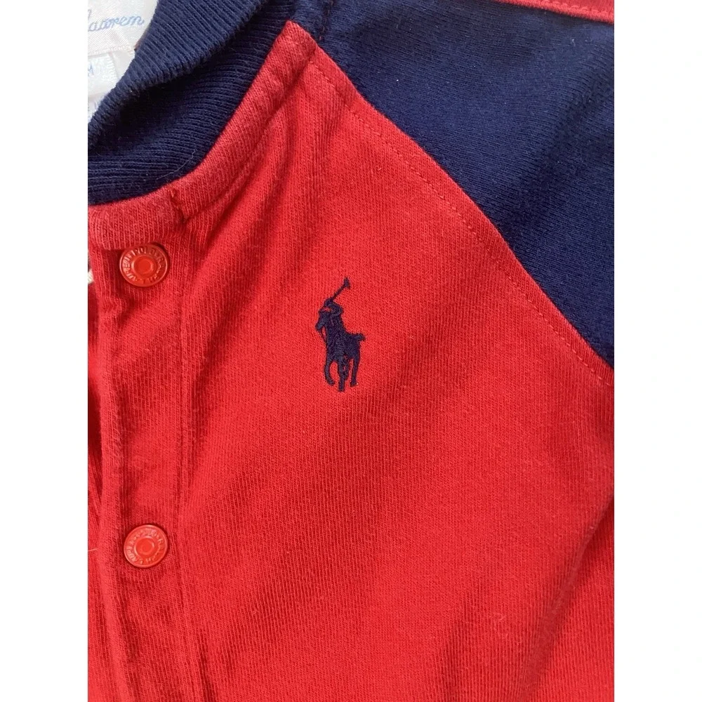 Ralph Lauren 9M Baby Boy Shawl-Collar Cotton Coverall Bodysuit Red Blue Pony